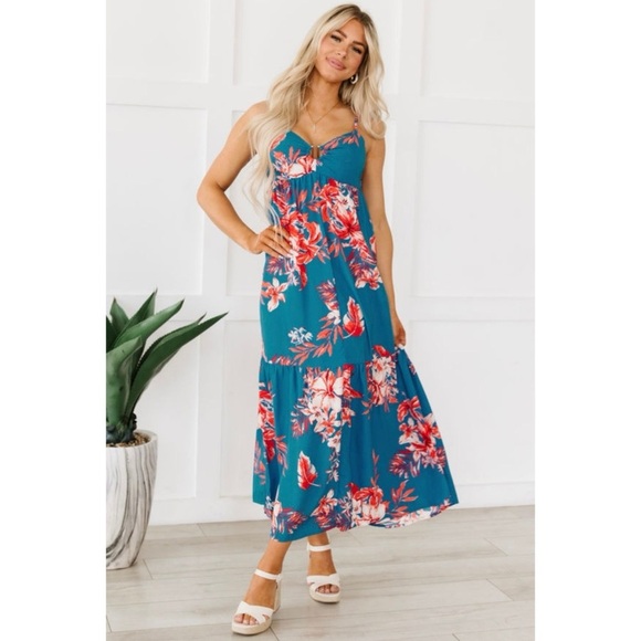 Floral Teal Maxi Dress - Picture 5 of 6